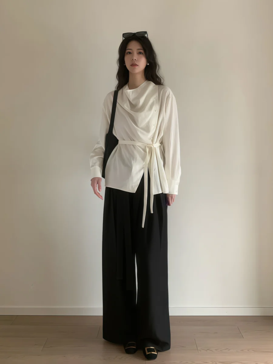 plus Size Women's Asymmetric Shirt with Tie Slanted Buttoning Long Sleeve Stand Collar Top Casual Style Comfortable Fit