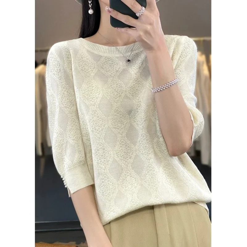 Fashion diamond lattice thin style ice silk knitted short sleeve women's summer T-shirt cotton thread top loose half sleeve