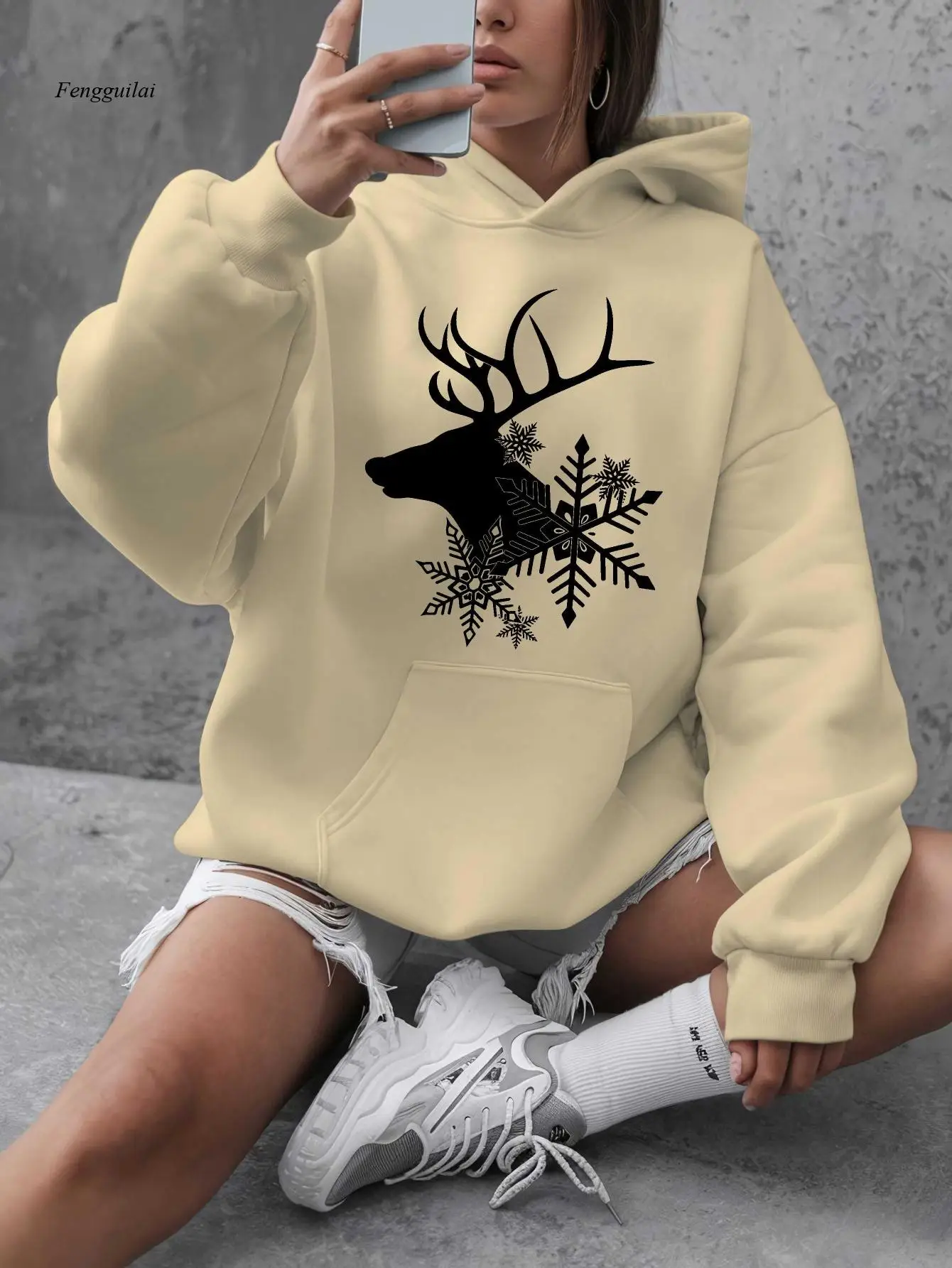 Cool Deer Casual Sweatshirt | Printed Hooded Pullover, Autumn and Winter Long-Sleeved, Large-Size Top with Pocket
