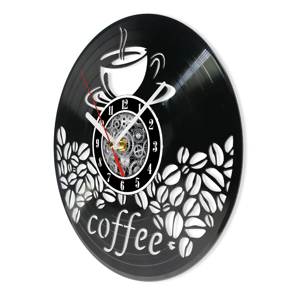 Coffee Bar Sign Vinyl LP Record Wall Clock for Kitchen Living Room Home Decor Cafe Coffee Bean Artwork Carved Music Album Clock