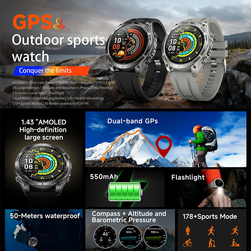 KM101 GPS Outdoor Bluetooth Smart Watch Dual Band L1+L5 GPS Offline Maps 1.43