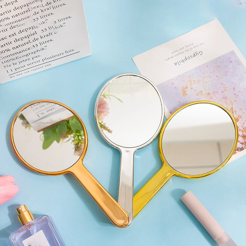 1Pcs Silver/Gold Elliptical Electroplated Handle Makeup Mirrors Beauty Portable Round Hand Hand Small Make Up Tool Accessories