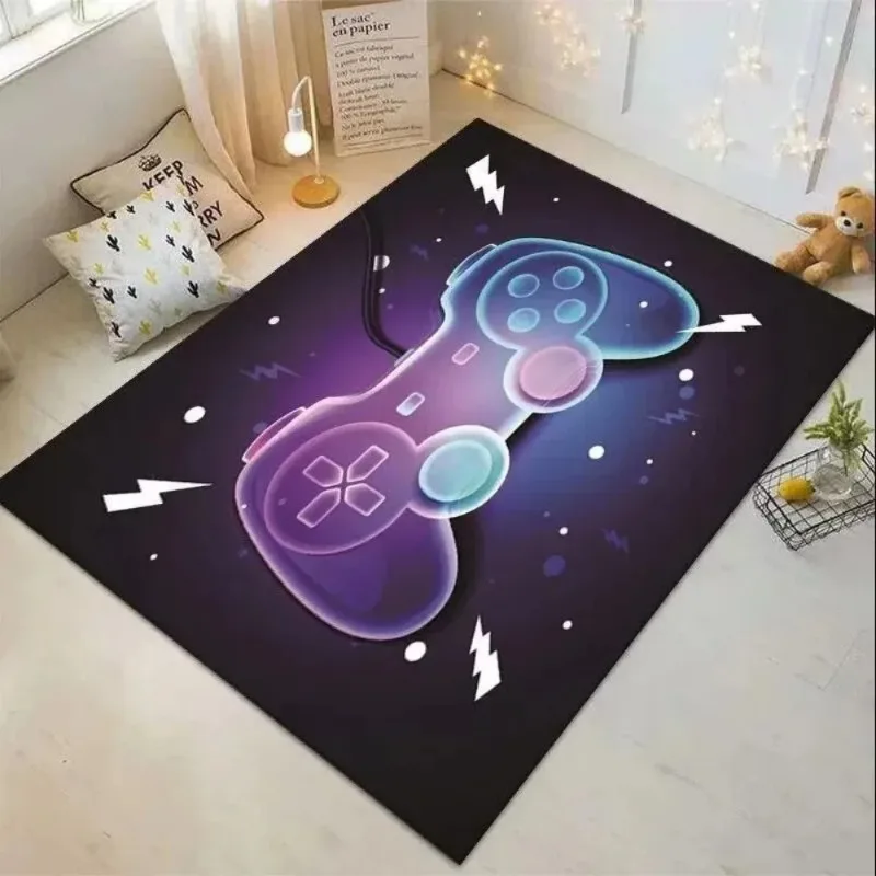 Neon Game Controller Themed Living Room Large Carpet Black Colorful Graffiti Style Gamepad Pattern Anti-slip Rug for Home Decor