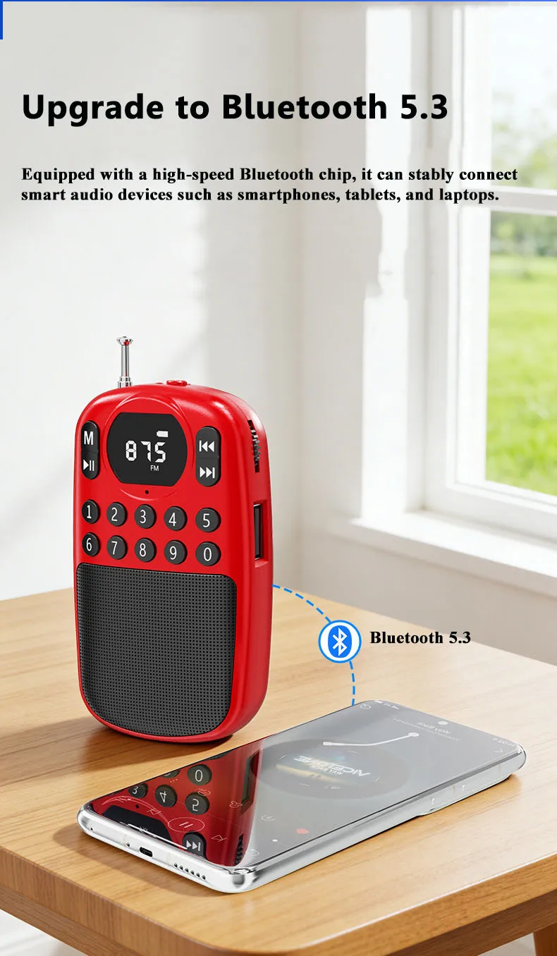 Mini Radio FM de Bolsillo, Receptor Digital Portátil con Pantalla HD, Altavoz Bluetooth Inalámbrico, Reproductor de Músi