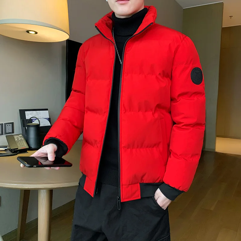 

Men's Thiened Cotton Jaet Winter Outerwear Casual Collar Stand-up Windproof Warmth Youth Red Color Luy Year Coat