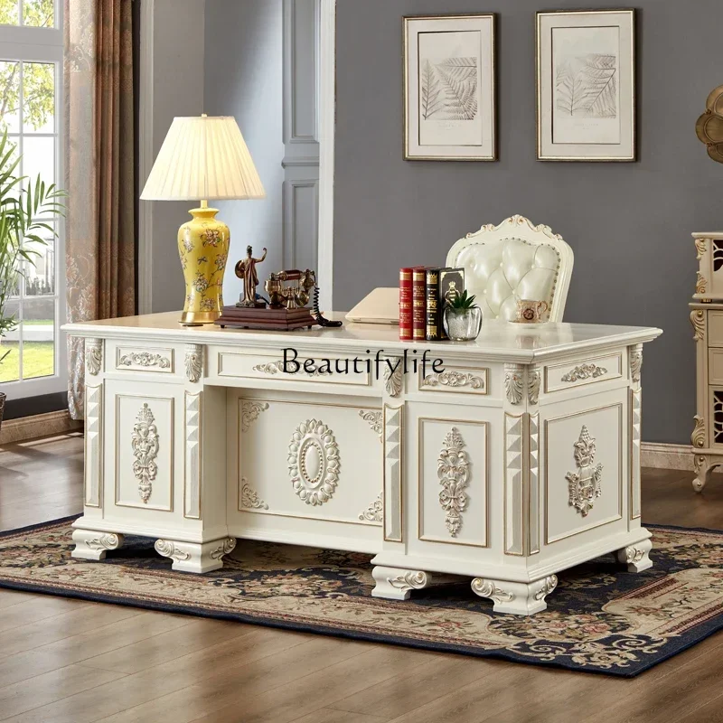 

1American solid wood desk study computer desk European white gold painting