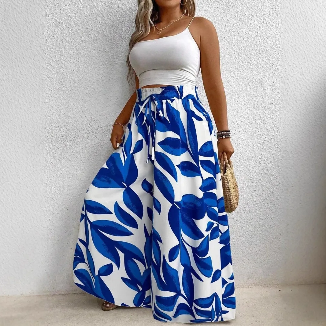 2025 السراويل النسائية الأوروبية والأمريكية البوهيمي ريشة طباعة عالية الخصر فضفاضة واسعة الساق بنطلون #4