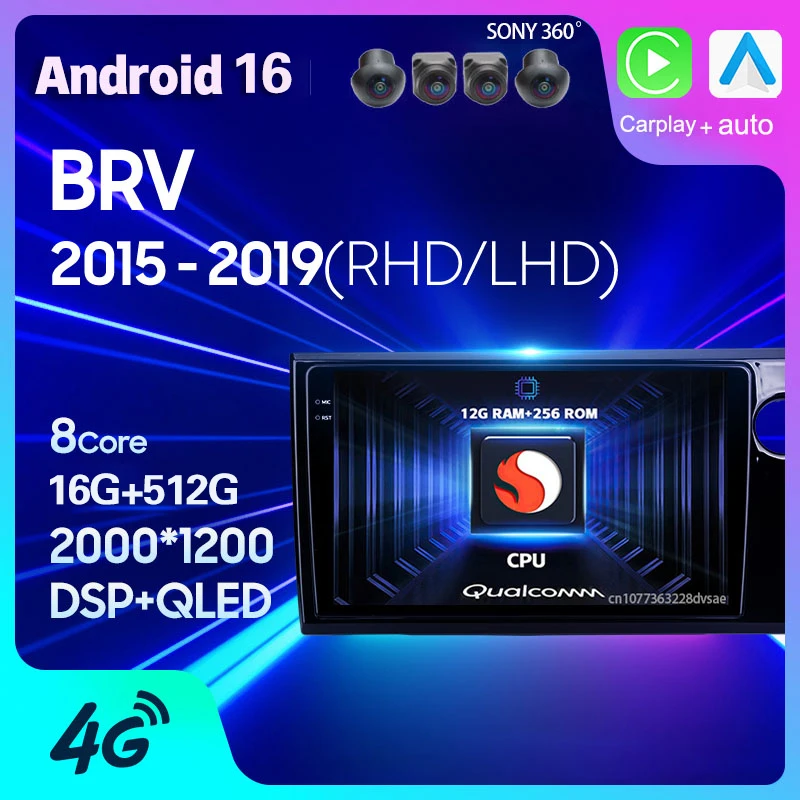 Radio para Auto con Android 16 y Carplay para Honda BRV RHD 2015 2016 - 2019, Reproductor Multimedia GPS con Video, Unidad Principal Estéreo BT Snapdragon