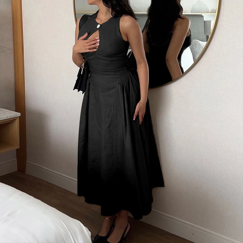 BKLD OL Out Going Abito elegante a trapezio femminile Solido con taglio frontale Abiti midi con cerniera pieghettata a vita alta senza maniche con un bottone