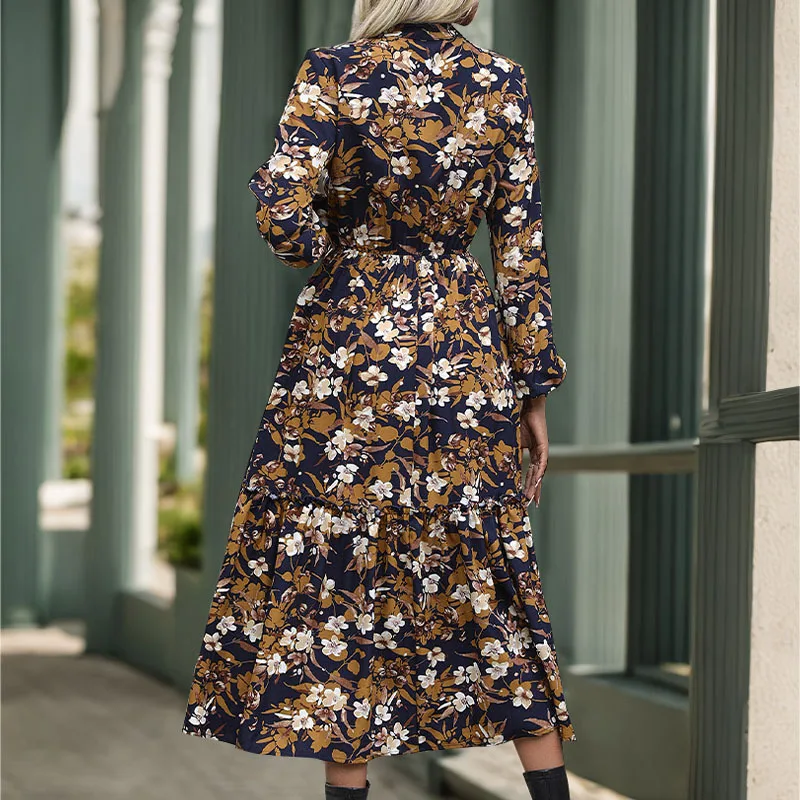 New Autumn Women's Retro Printed Dress with Elegant Temperament V-neck Skirt for Children