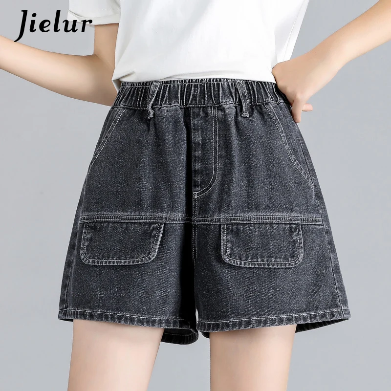 Black High Waist Denim Jeans Womens Slim Straight-legs Shorts Summer Korean Fashion Elastic Waist Casual Shorts Women S-5XL