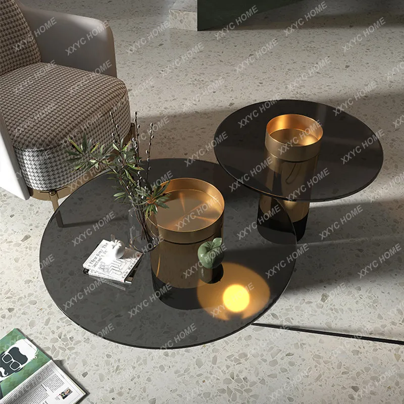 XX LXModern light luxury coffee table simple round tempered glass coffee table living room home side table