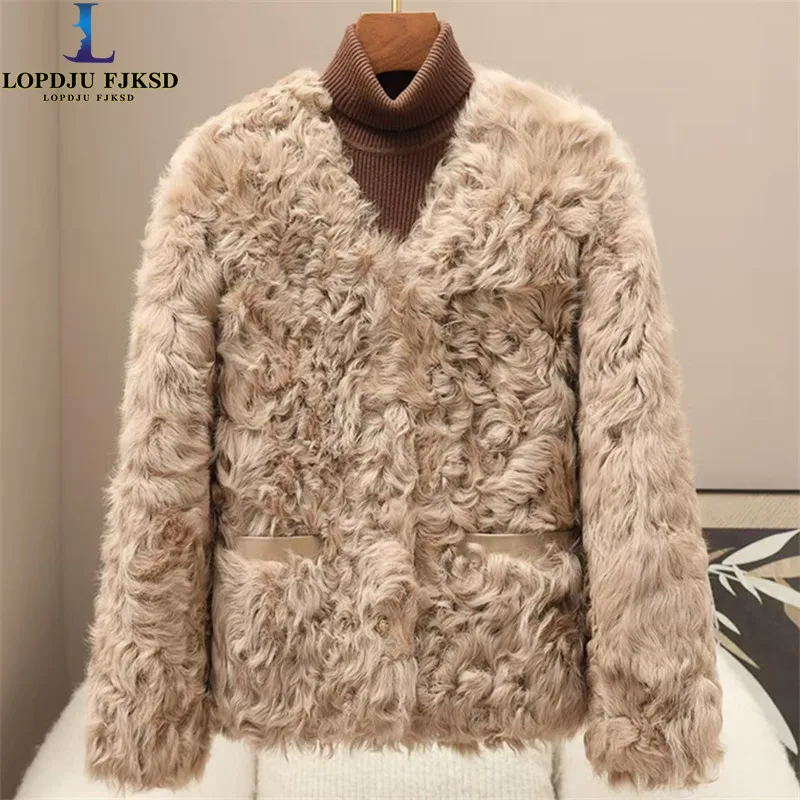 Women's Real Lamb Fur Coat V-Neck Jacket Thick Warm Overcoat High Quality Loose Fit Winter 2026 Female Clothing