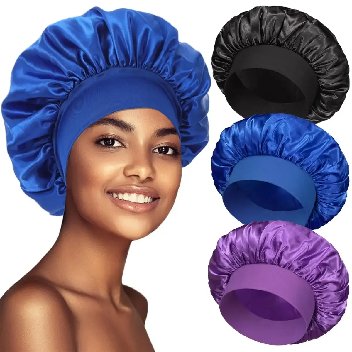 3 Pack Satin Bonnet Silk Bonnet for Sleeping, Black Women Bonnet for Sleeping Large Sleep Cap