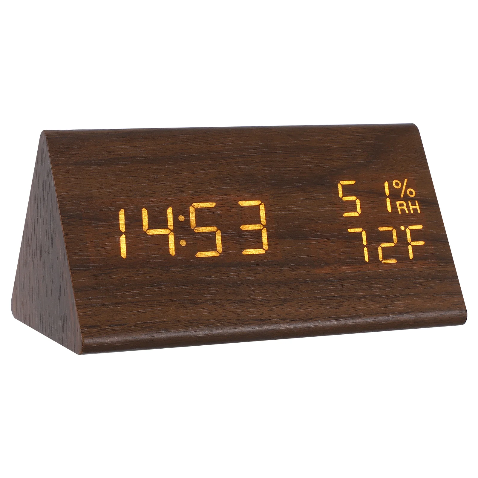 

Triangle Digital Wooden Alarm Clock LED Display Time Temperature Humidity for Bedside Use Digital Wooden Alarm Clock
