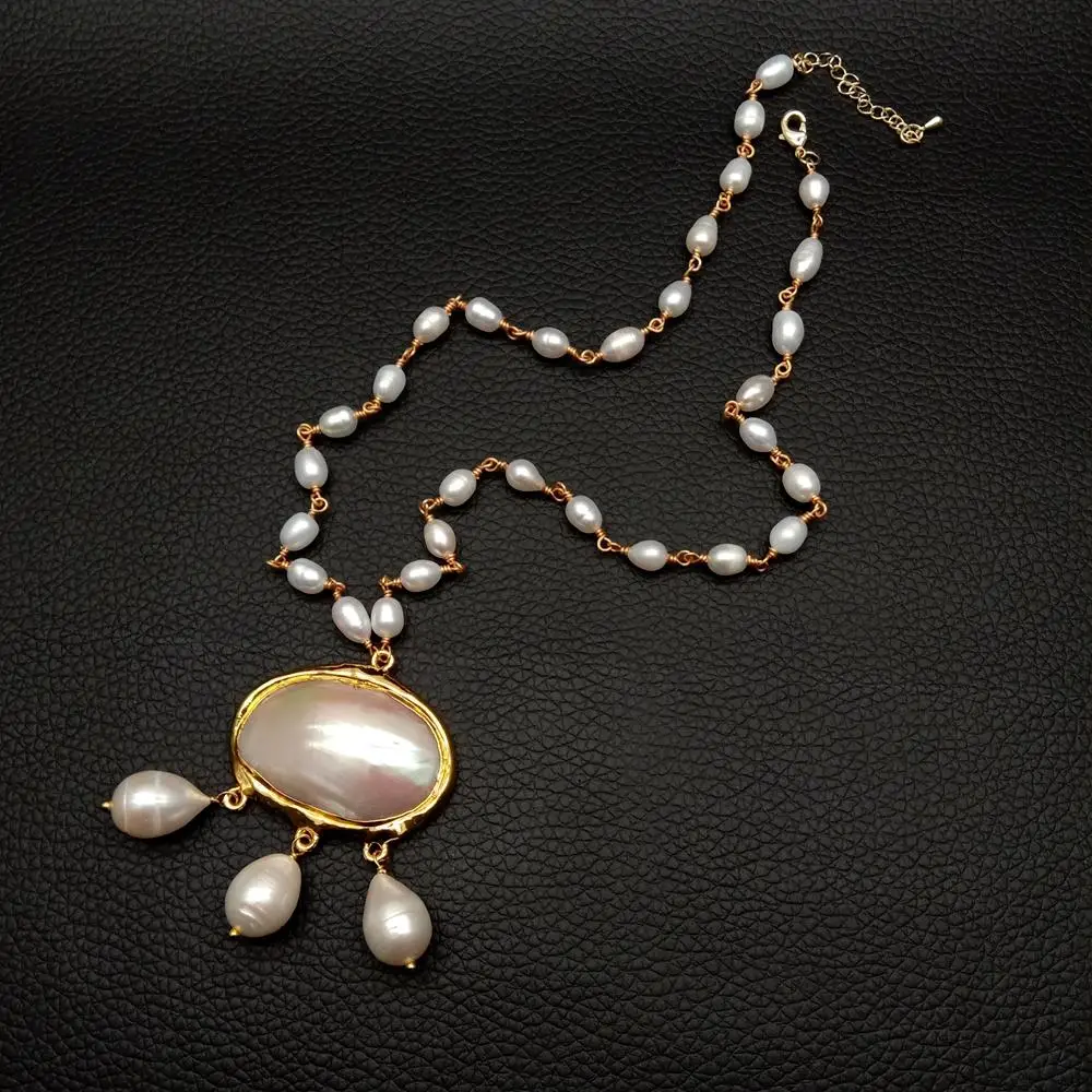 

Y·YING Cultured White Pearl Rosary Chain Choker Necklace White Shell Rice Pearl Pendant Jewelry Gifts