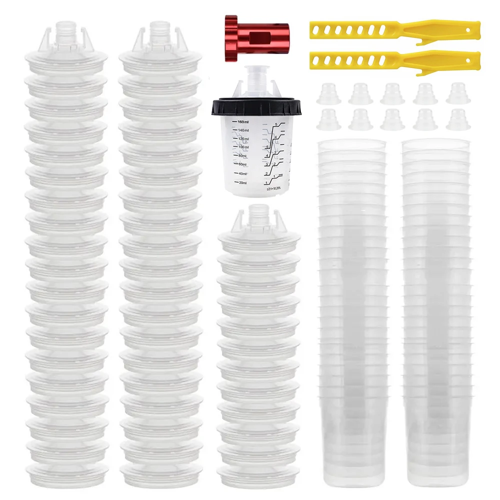 50Pcs Disposable Spray Gun Paint Mixing Cup H/o Quick Cup Paint System Airbrush Tank 160ML with M14*1 Adapter&Paint Stir Sticks