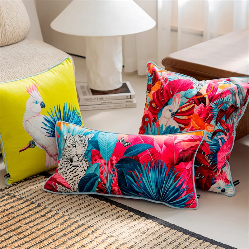 Throw Pillowcase for Home Decor, Plush Velvet Cushion Cover, Tropical Leaves Parrot on the Background of Tropical Leaves, Vintag