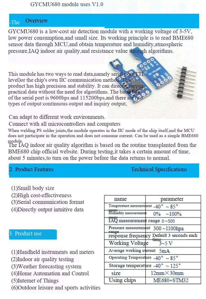GY-MCU680 681 BME680 SGP40 Temperatur-, Feuchtigkeits-, Luftdruck-, Innenraumluftqualitäts-IAQ-Sensormodul – Detail 3