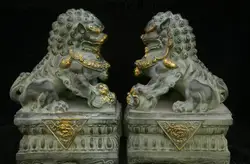 Old Chinese Bronze Gilt Foo Fu Dog Guardion Lion Ball Lionet Animal Statue Pair