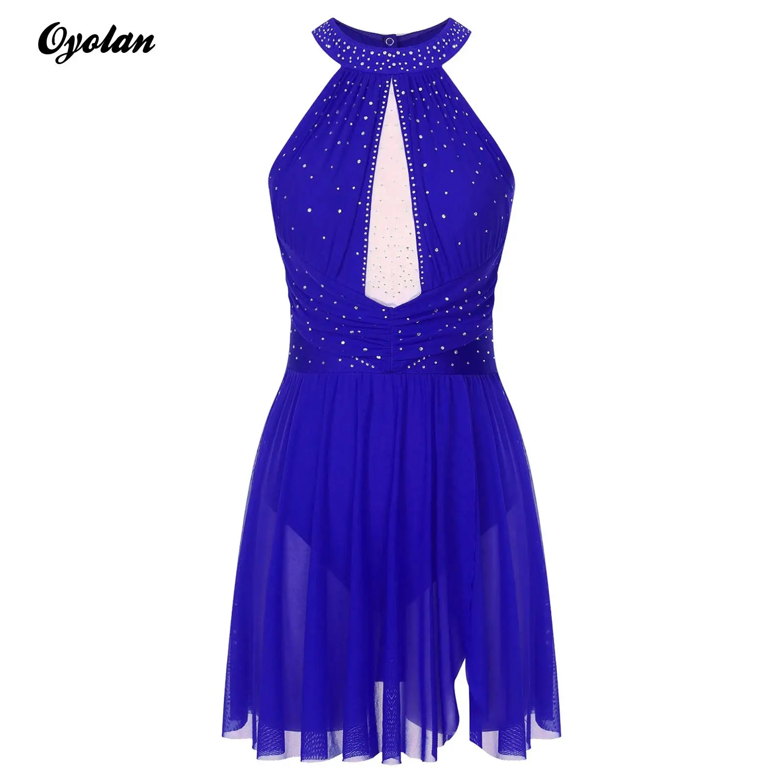 Womens Gymnastics Artistic Figure Skating Costume Ruched Mesh Tight Fitting Jumpsuits Glittery Shiny Ballet Lyrical Dance Dress