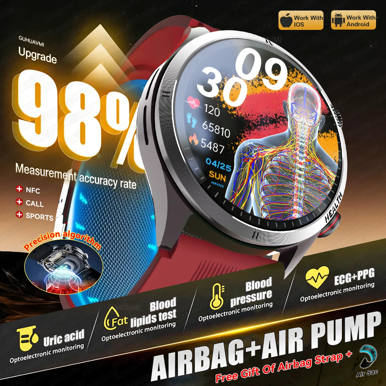 

2026New Non-invasive Health Airbag Smart Watch Men ECG Blood pressure lipids Accurate Measure 98% Call NFC Care Smartwatch Women