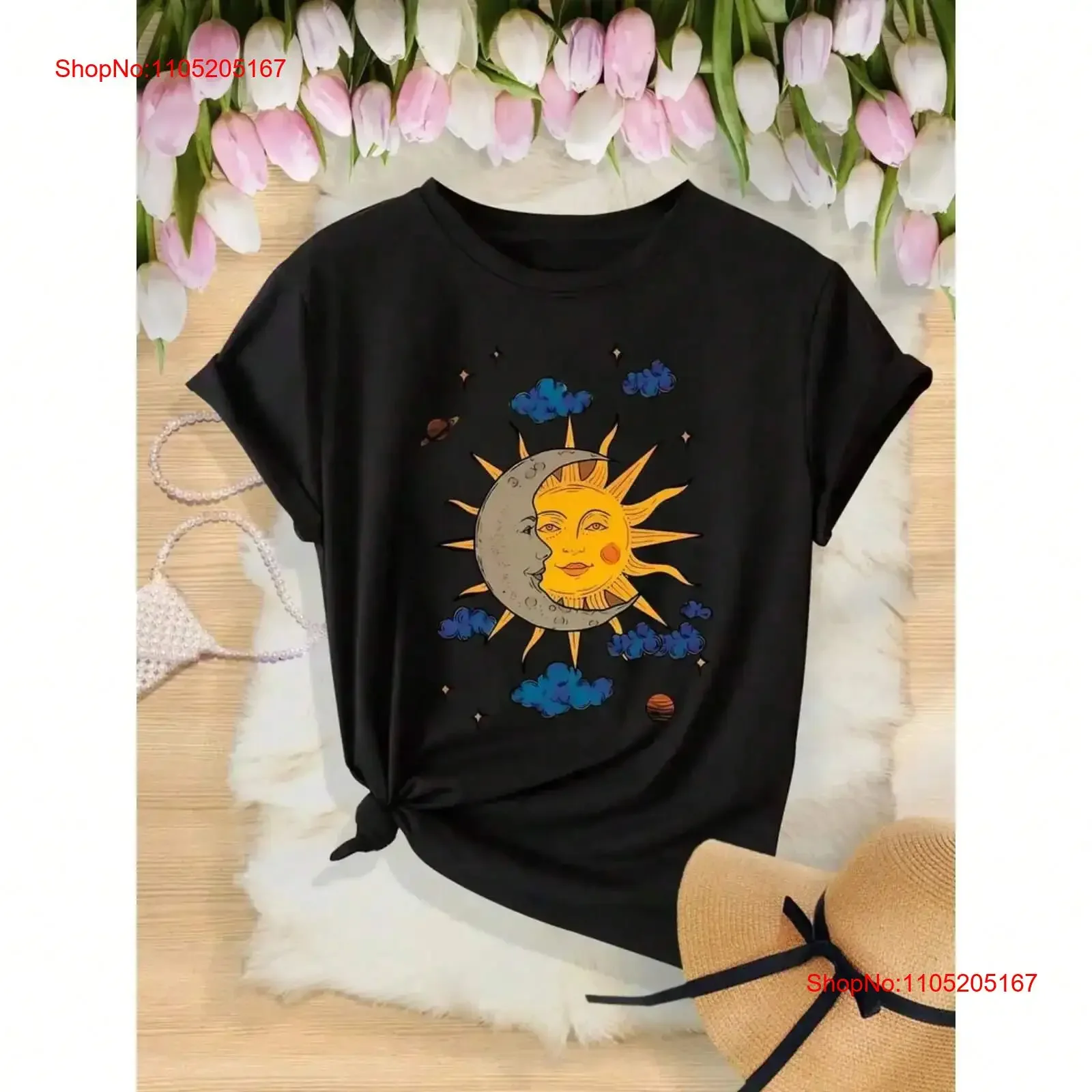 Moon and Sun Pattern Comfortable T shirt Women's Casual Round Neck vintage Washed designer clothes Top For Everyday Wear