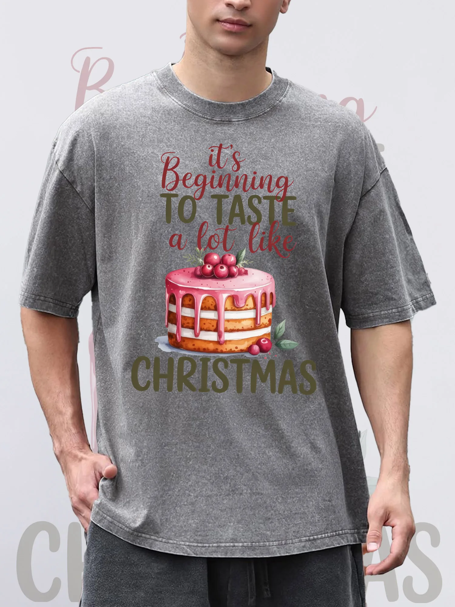 

Men's T-Shirts CHRISTMAS Printed Grey Short-Sleeve Crew Neck Loose Summer 100% Cotton Acid Washed Christmas Theme T-Shirt