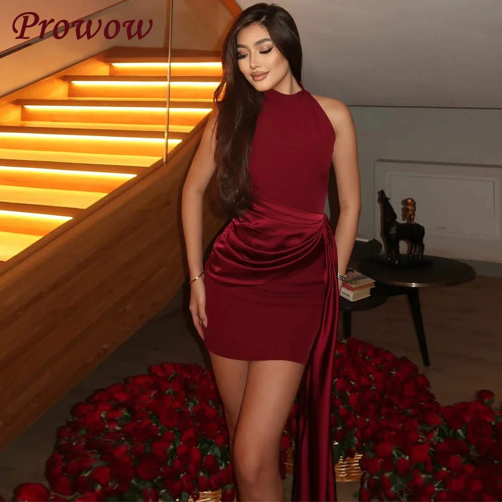 

Prowow Modern Sleeveless Short Prom Cocktail Dress O-Neck Pleated Formal Evening Gown for Women Free Customized