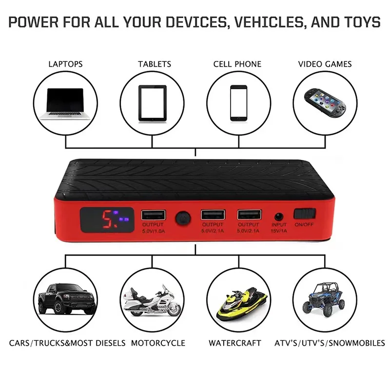 Three Charging Output 10400mAh Battery Power Bank for Phone Pad Small Fan 12V Emergency Booster Car Jump Starter with Led Light