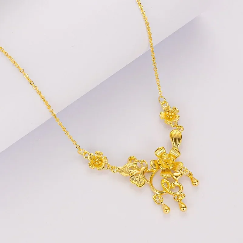 9999 Real Gold 24K Premium Gold Wedding Flower Necklace Niche Fashion Bridal Jewelry Flower Field Happy Event Flower Necklace