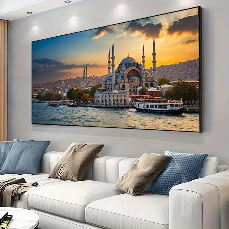 1 قطعة 27.55x55.11 بوصة بدون إطار الحديثة اسطنبول الغروب الأزرق المسجد و البوسفور قماش جدار الفن-ناظر طبيعية تركية نابضة بالحياة باي