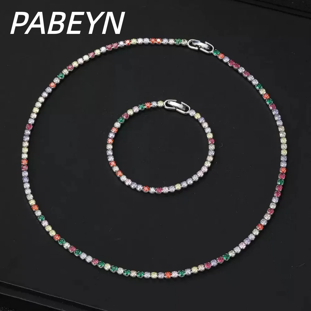 925 Sterling Silver Jewelry Set, 16cm-55cm Colorful Cubic Zirconia, Womens' Tennis Necklace Bracelet Anniversary Party Gift