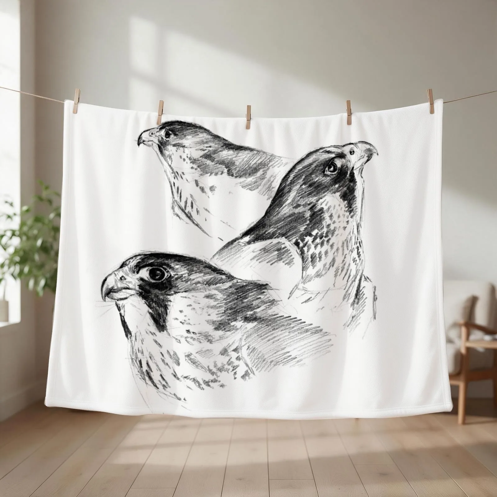 Three Peregrines Art Sketch Pattern Throw Blanket couch cozy soft plush fuzzy picnic outdoor blanket