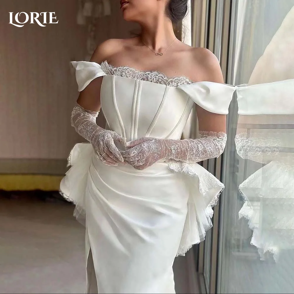 

LORIE Side Slit Lace Mermaid Wedding Dresses Applique Off Shoulder Bodycon Pleats Bridal Gown Bow Corset Bride Dress Customized