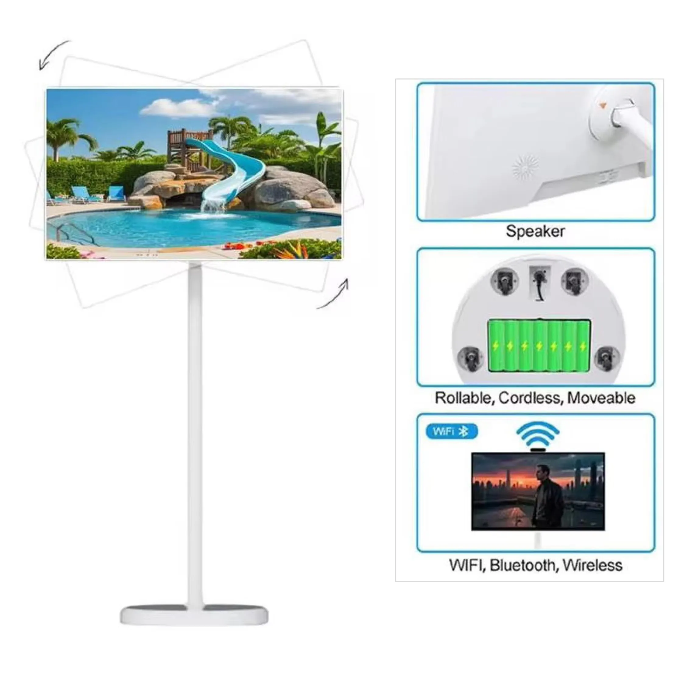 23.8 Inch Rolling Touch Screen Portable Smart TV Android 13 6+128GB 9000mAh Battery EDLA Certified Wheel Stand
