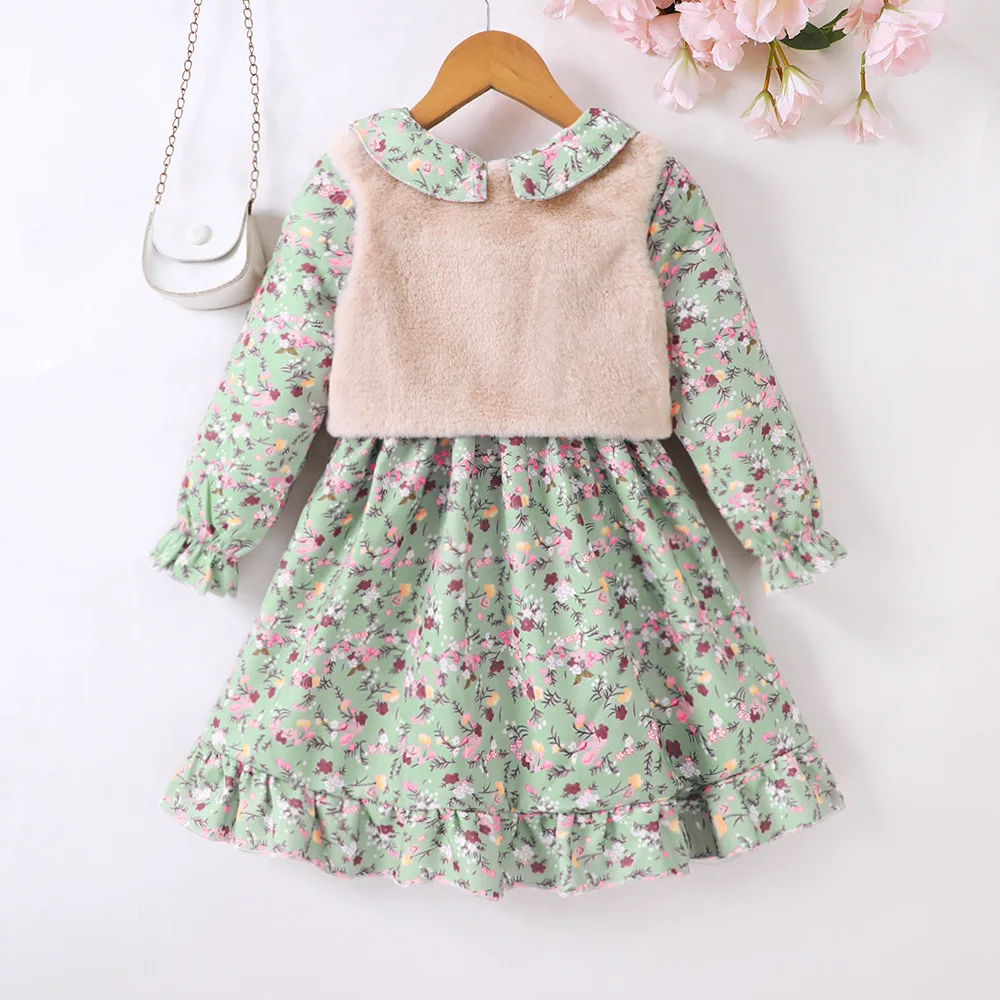 2024 New Clothing Set Girls Sleeveless Vest Long Sleeve Print Floral Ruffles Green 2 Pcs Sets Casual Girls Clothes Set 4-8T