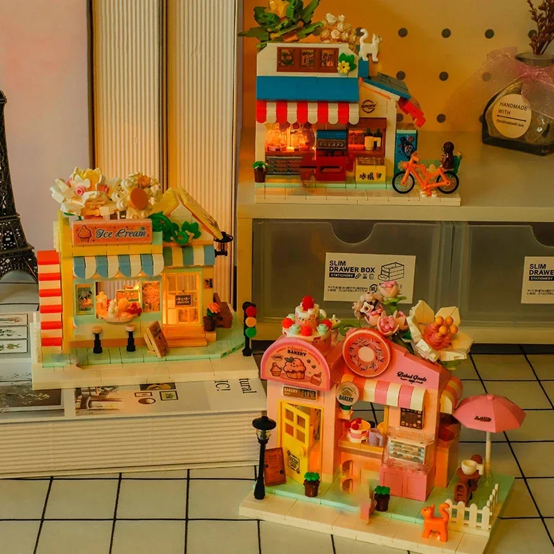 

Мини-строительные блоки с видом на город, наборы для взрослых, сборка еды, торта, кирпича, цветочного магазина, модель, детские игрушки, украшение для дома, подарок для девочек