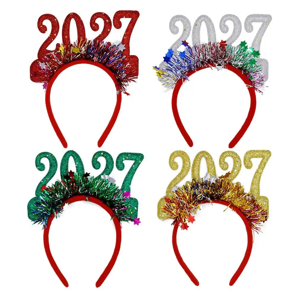 Adjustable Size 2027 Christmas Headband Glitter Sequined Light-Up Function Party Hair Hoop Flexible Design Plastic Frame