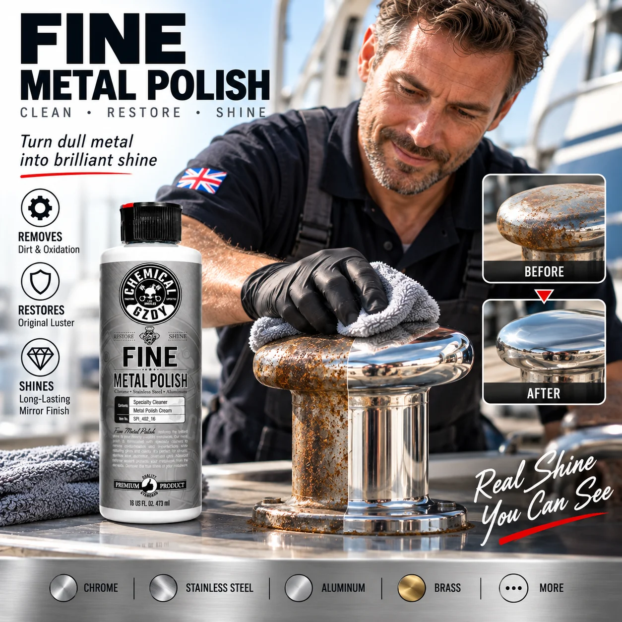 Fine Metal Polish Cream, Tarnish & Oxidation Remover, Mirror Shine Restorer for Chrome Stainless Steel Aluminum