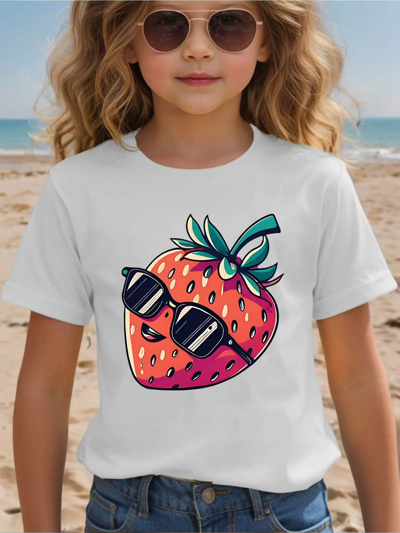 Funky Cool Strawberry With Sunglasses Kids T Shirt Boys Girls Family Matching Parent Child Summer Crew Neck Children Daily Tee
