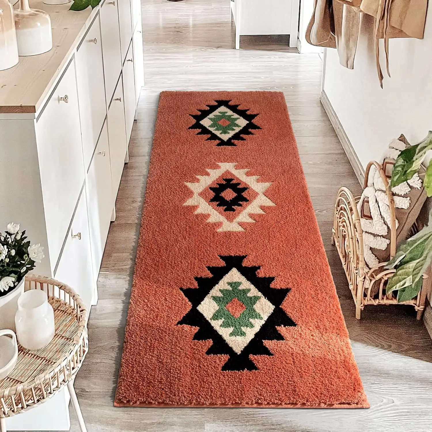 

Boho Long Bath Mat 24x60, Soft Absorbent Runner Rug for Bathroom Bedroom Hallway Kitchen, Coral Red
