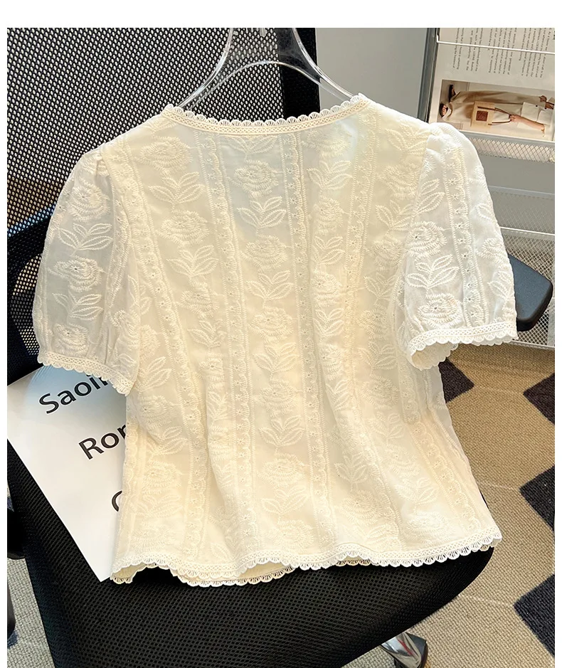 Lace Top Women's 2025 Summer New Temperament Chiffon Shirt Short Sleeve