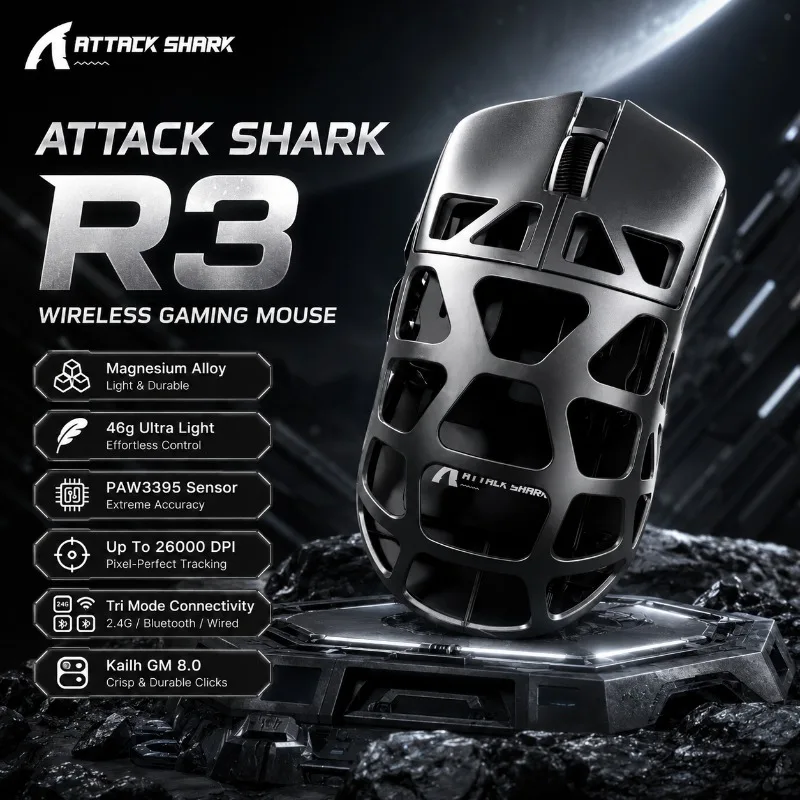 ATTACK SHARK R3 Wireless Gaming Mouse Magnesium Alloy 46G Ultra Light PAW3395 26000 DPI 8K Polling Tri Mode for PC Laptop Gamer
