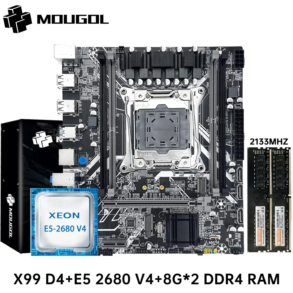 MOUGOL X99 Game Motherboard Xeon E5 2680 V4 CPU Processor LGA 2011-3 Set With 16GB（8G*2） DDR4 ECC Memory Kit M.2 NVME SATA M-ATX