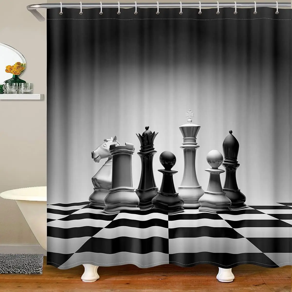 

International Chess Shower Curtain Chess Board Fabric Shower Curtains for Kids Boys Teens Cool Games Bathroom Waterproof