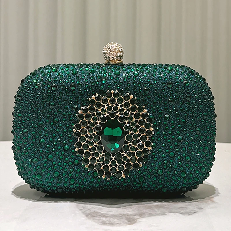 

Dark Green Shiny Evening Bag Diamond Stylish Buckle Wedding Bridal Clutch Bag Dinner Party Dress Long Chain Small Handbag