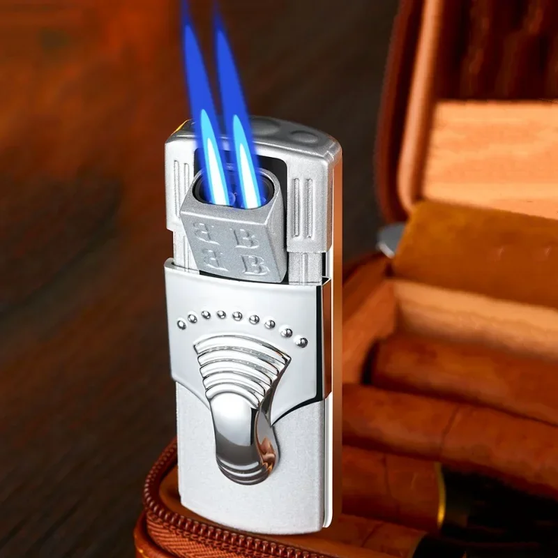 New Special Hidden Igniton Mouth Metal Windproof 2 Jet Torch Lighter for Men\'s Cigar Lighter Electroplated Body Cigarette Gadget