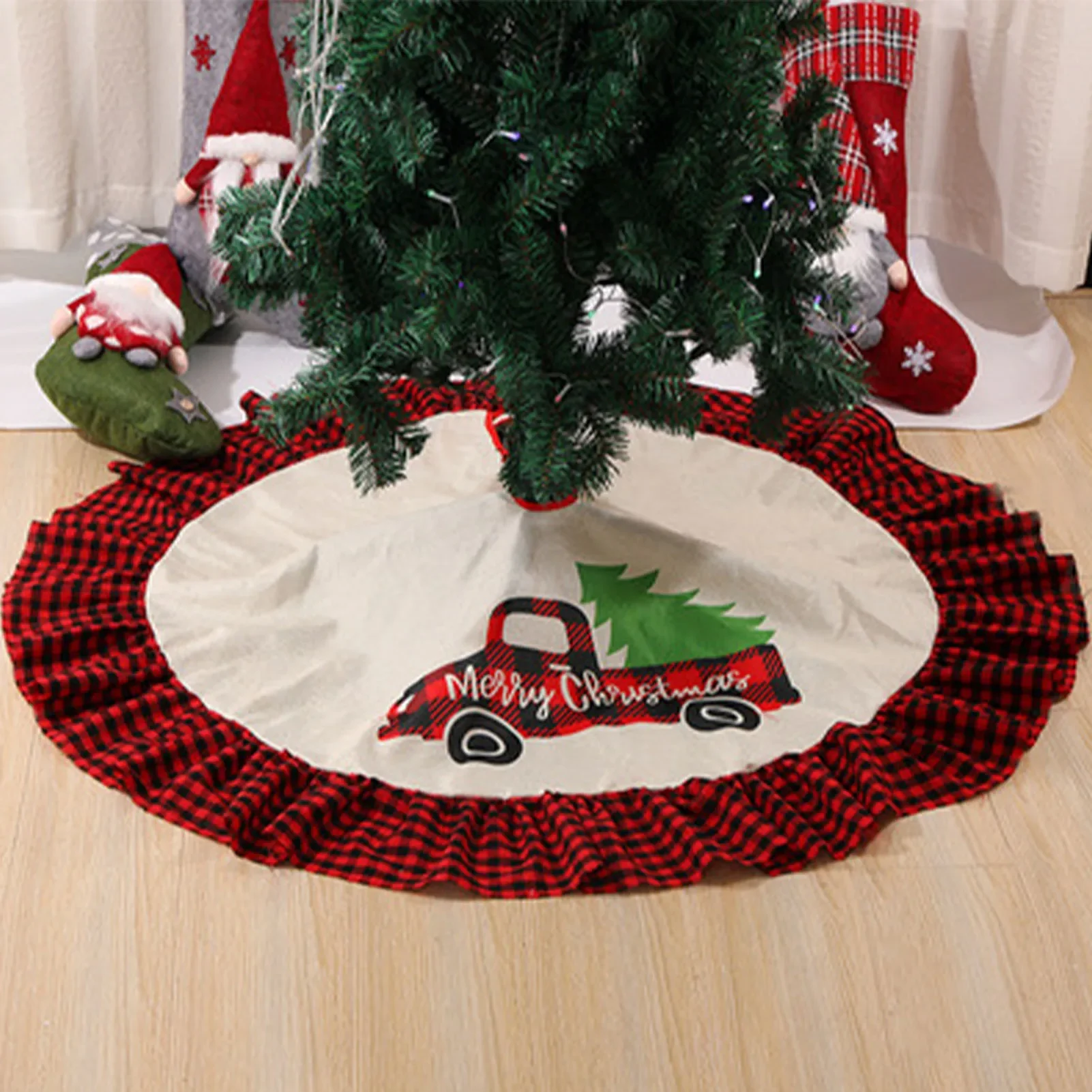 Linen Christmas Tree Skirt Red Black Plaid Lace Truck Print Home Christmas Party Decor Ornaments Xmas Tree Skirt - 90/120cm