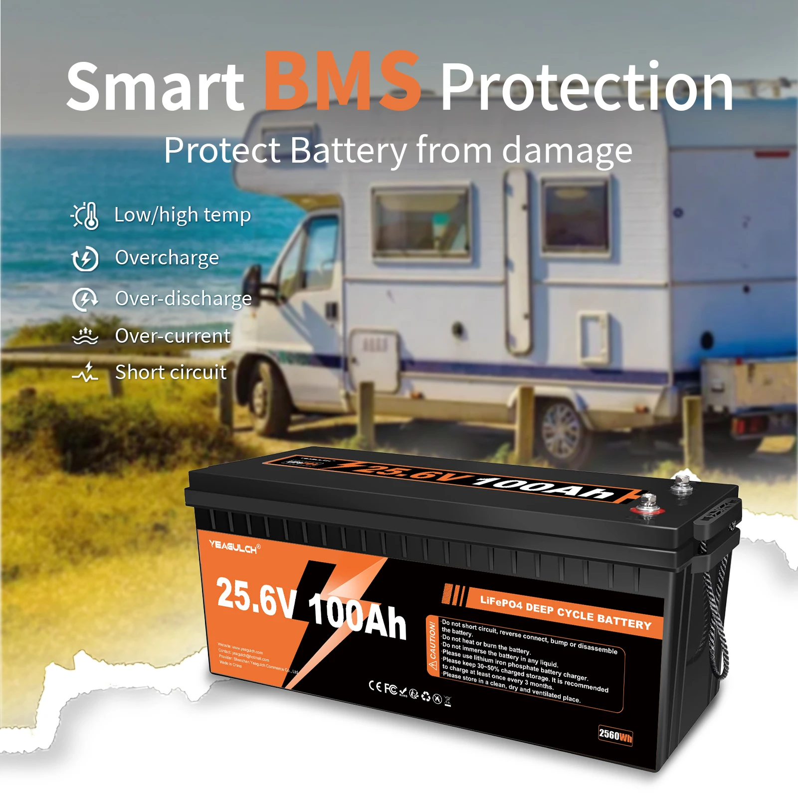 Yeagulch 25.6V 100Ah LiFePO4 Lithium Battery with 100A BMS 2560Wh Power for Solar Off-grid Home Backup Energy Storage RV Fishing